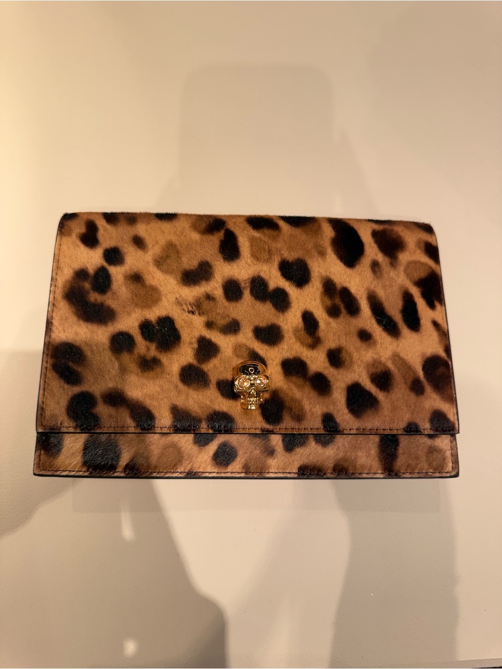 Alexander McQueen Leopard-Print Mini Foldover Bag with Gold Skull